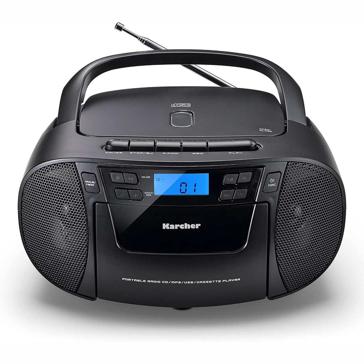 295685 - KARCHER Radio CD portative RR 5045, Boombox me CD player, kasetë, radio FM, funksionim nga rrjeti, USB dhe AUX-In, e zezë