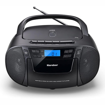 295685 - KARCHER Radio CD portative RR 5045, Boombox me CD player, kasetë, radio FM, funksionim nga rrjeti, USB dhe AUX-In, e zezë