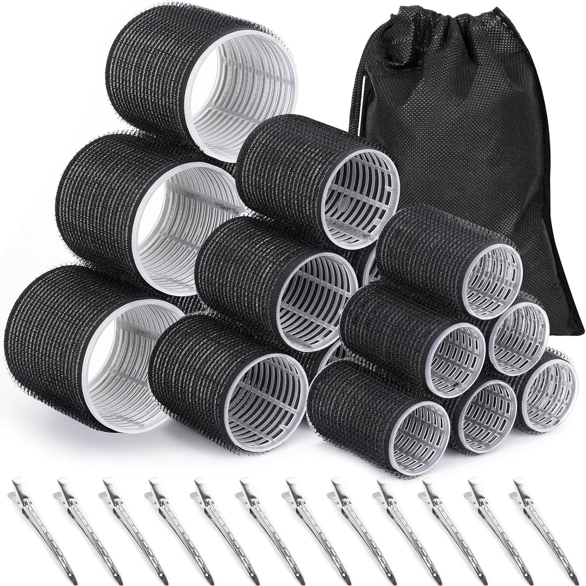 318589 - Set kaçurrelash flokësh, 30 copë: 18 kaçurrela në 3 madhësi (6 të mëdha, 6 të mesme, 6 të vogla), 12 kapëse dhe çantë ruajtjeje