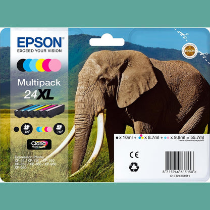 295496 - EPSON Pako shumëngjyrëshe origjinale 24XL Elephant, fishekë boje Claria Photo HD me 6 ngjyra, e zezë/e verdhë/e purpurt/cian, me kapacitet të lartë XL