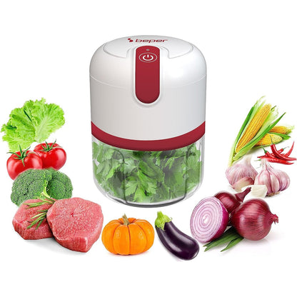 288473 - BEPER P102ROB050 Prerës Ushqimi i Rikarikueshëm me USB, Mini Përpunues Ushqimi, Kapacitet 250 ml, Energji 3.7 V, 3 Tehe Çelik Inoks, E Kuqe/E Bardhë