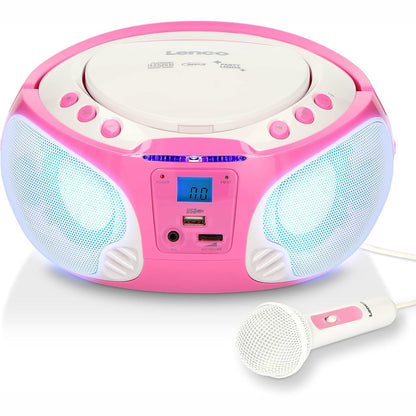 299104 - LENCO SCD-650 - Radio CD Portative - Boombox për Fëmijë - 6 Watt - USB - Mikrofon - AUX - Radio FM - Rozë