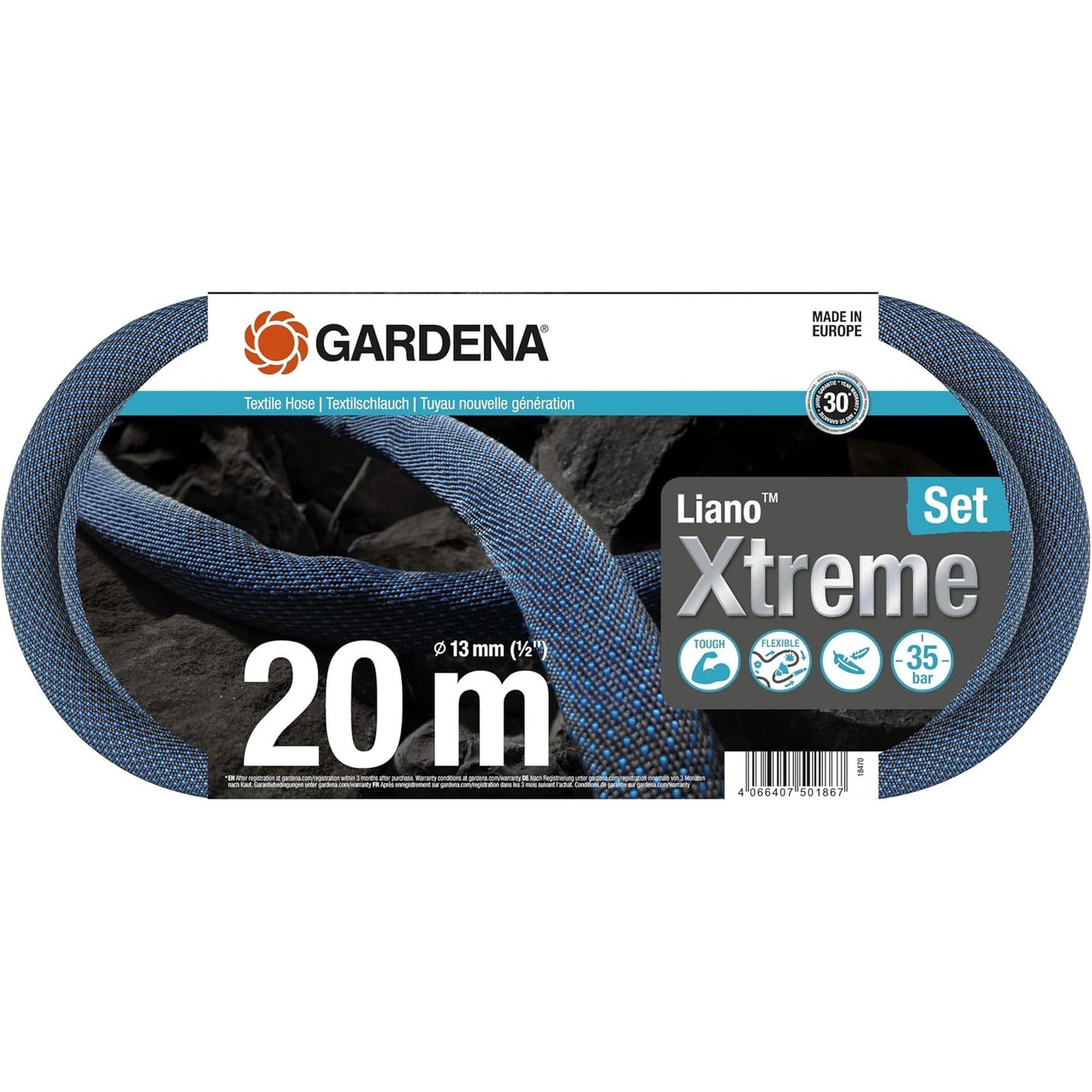 288531 - GARDENA Liano Xtreme 1/2 inç, Set 20 m, Tub kopshti i bërë nga pëlhurë tekstili, me tub të brendshëm PVC, rezistent ndaj motit (18470-20)