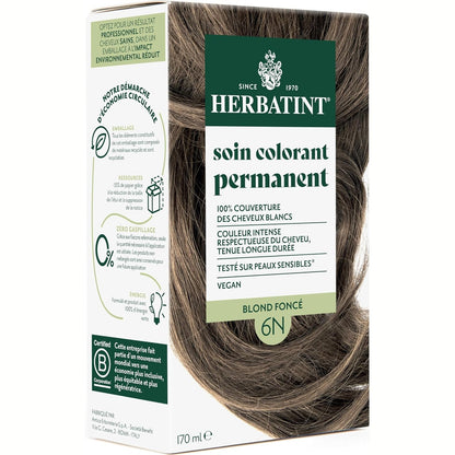 303706 - HERBATINT Trajtim i përhershëm për ngjyrosjen e flokëve 6N Bjondë e errët - 170 ml, Pa amoniak, 100% mbulim i thinjave, Testuar dermatologjikisht