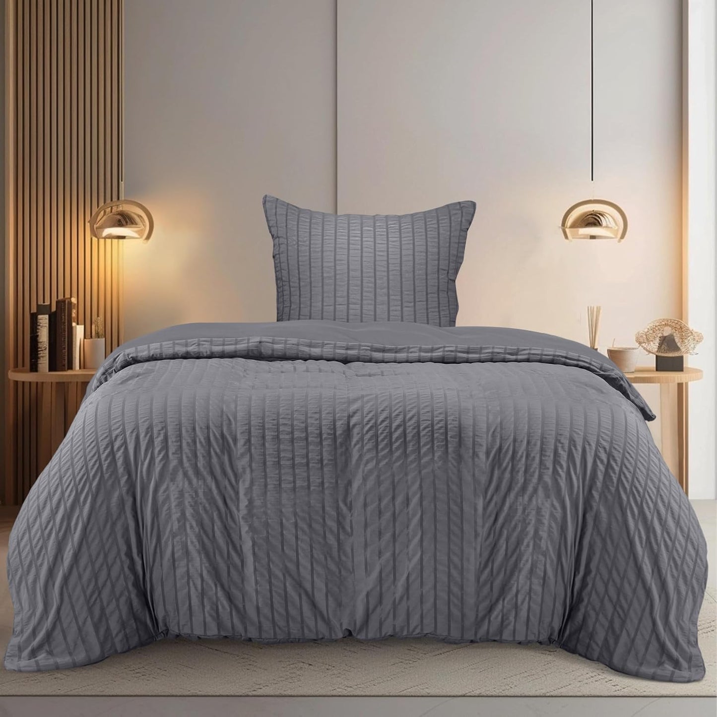 254206 - UTOPIA BEDDING Set Çarçafësh Seersucker 135x200 cm, Mbulesë Jorgani Poliesteri + 1 Mbulesë Jastëku 80x80 cm - Gri