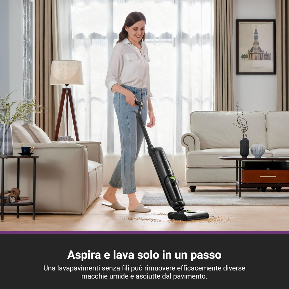 84160 - EUREKA NEW400 Fshesë dyshemeje inteligjente dhe mop pa tel, me furçë vetëpastruese, e përshtatshme për dysheme me pllaka dhe dru
