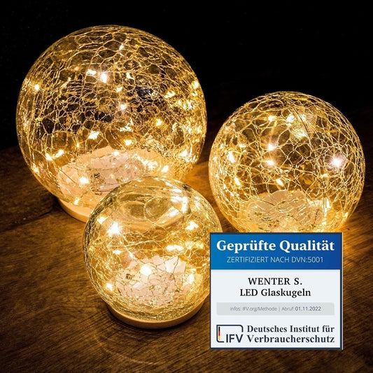 221181 - WENTER.S Topa qelqi LED dekorativë, Set prej 3 copësh, Dimension 10cm, Dritë e bardhë e ngrohtë