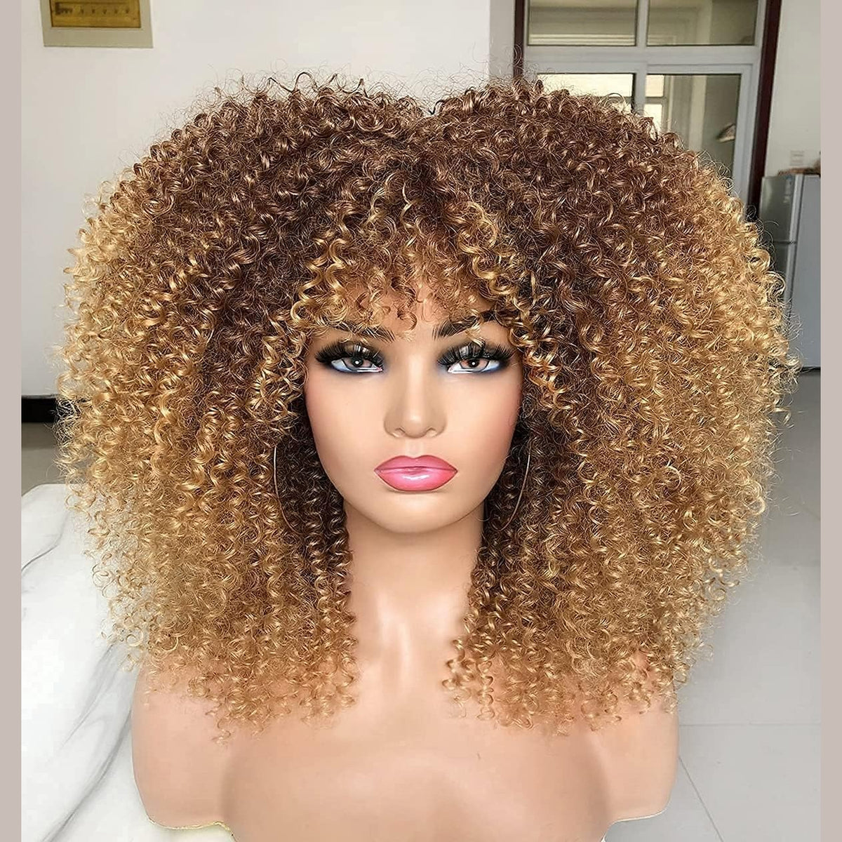 306083 - CROWNS Paruke Kaçurrele Afro Kinky Curly 16 inç me Balluke, Paruke të Gjata Kaçurrele për Gra me Ngjyrë të Zezë (Bjonde Ombre)