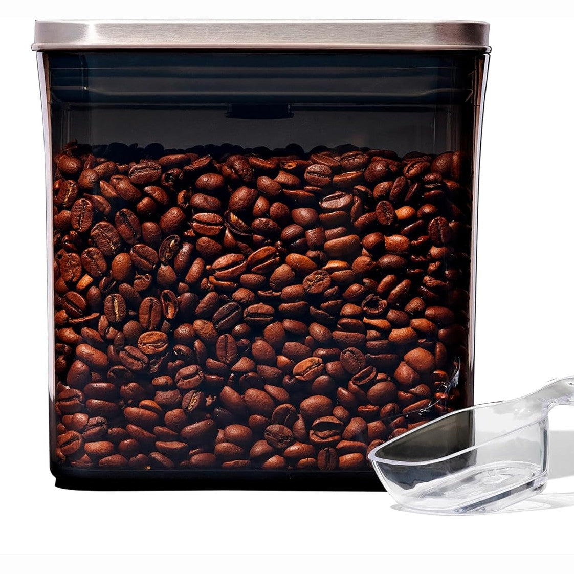 246020 - OXO Enë kafeje prej çeliku me lugë – ruajtje hermetike 1.6 L, kapak çeliku inox, trup i lyer, përfshin lugë 30 ml
