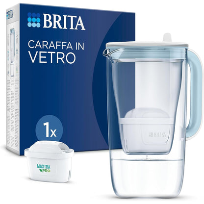 177275 - BRITA Enë Filtri Uji prej Qelqi Blu e Çelët, Kapaciteti 2.5l, përfshirë 1 Fishek MAXTRA PRO, me Smart Light LED dhe kapak me mentesha, Filtron papastërtitë, gëlqeren, metalet etj.