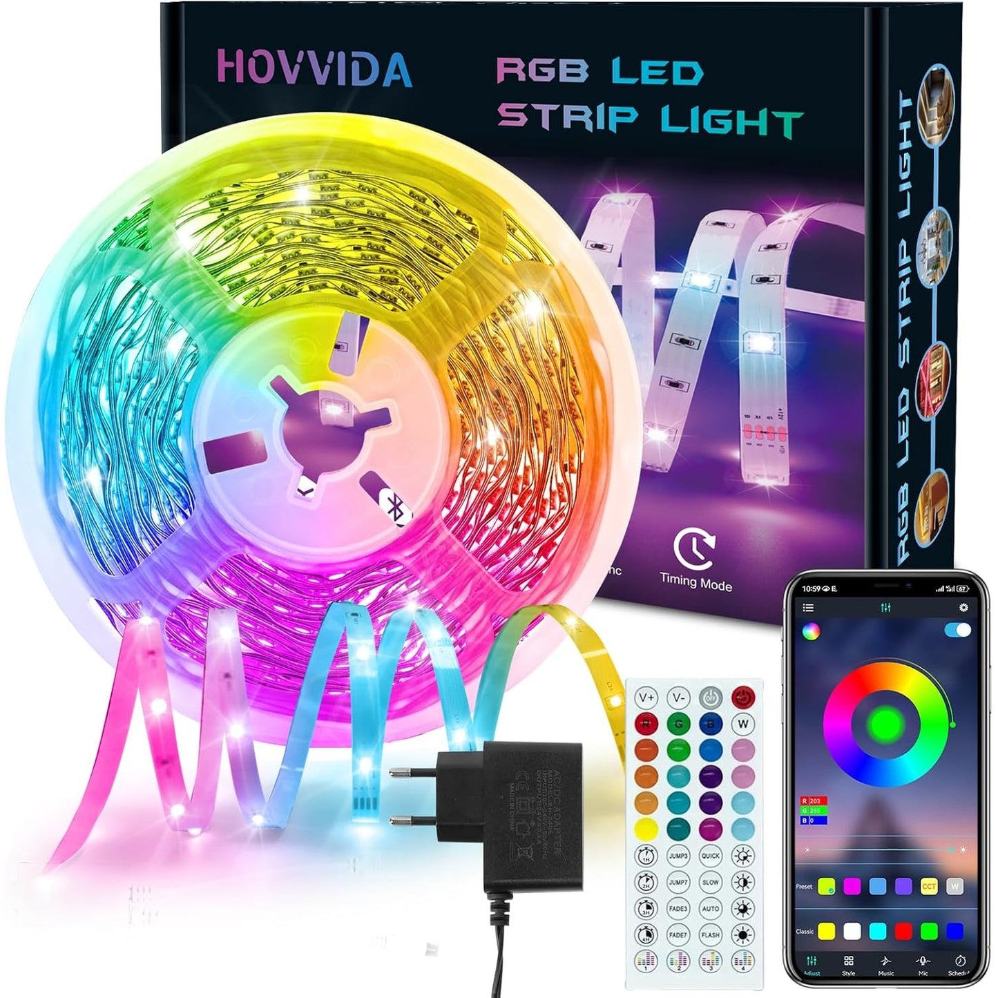 134027 - HOVVIDA - Shirit LED 10M, 30 LED/Metër, 24V, 300 LED, me APLIKACION dhe Telekomandë, Mundësi Modaliteti Muzikor, Përshtatshëm për Dhomë, Dhomë Ndenjeje, Kuzhinë, Dhomë Gjumi, Bar, Festë