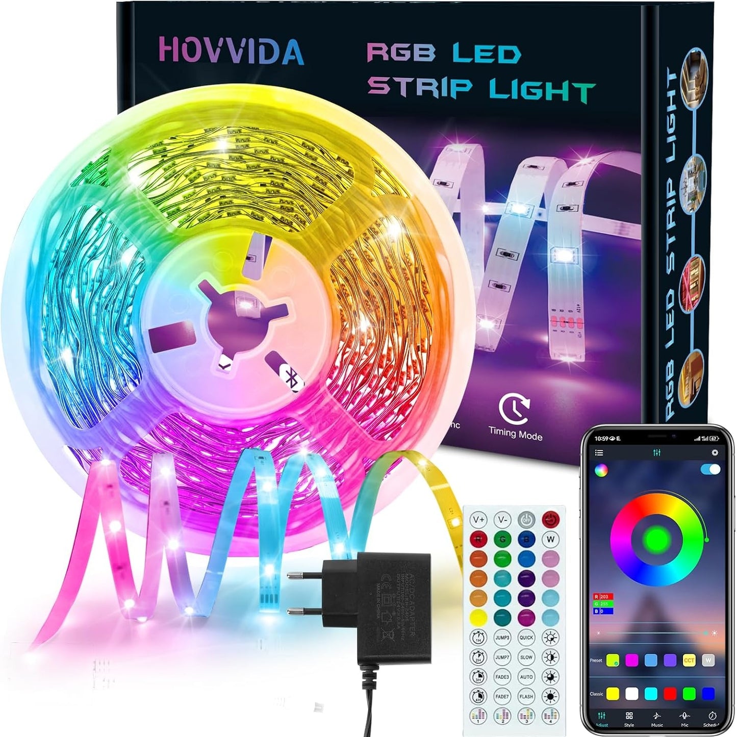 210995 - HOVVIDA Shirit LED 10M, 1x10M, 30 LED/metër, 24V RGB, 300 LED, i Kontrollueshëm Nga Aplikacion dhe Telekomandë, Sinkronizim Muzikor, Modalitet Kohëmatësi, për Dhomë Gjumi, Dhomë Lojërash, Festë, Festival