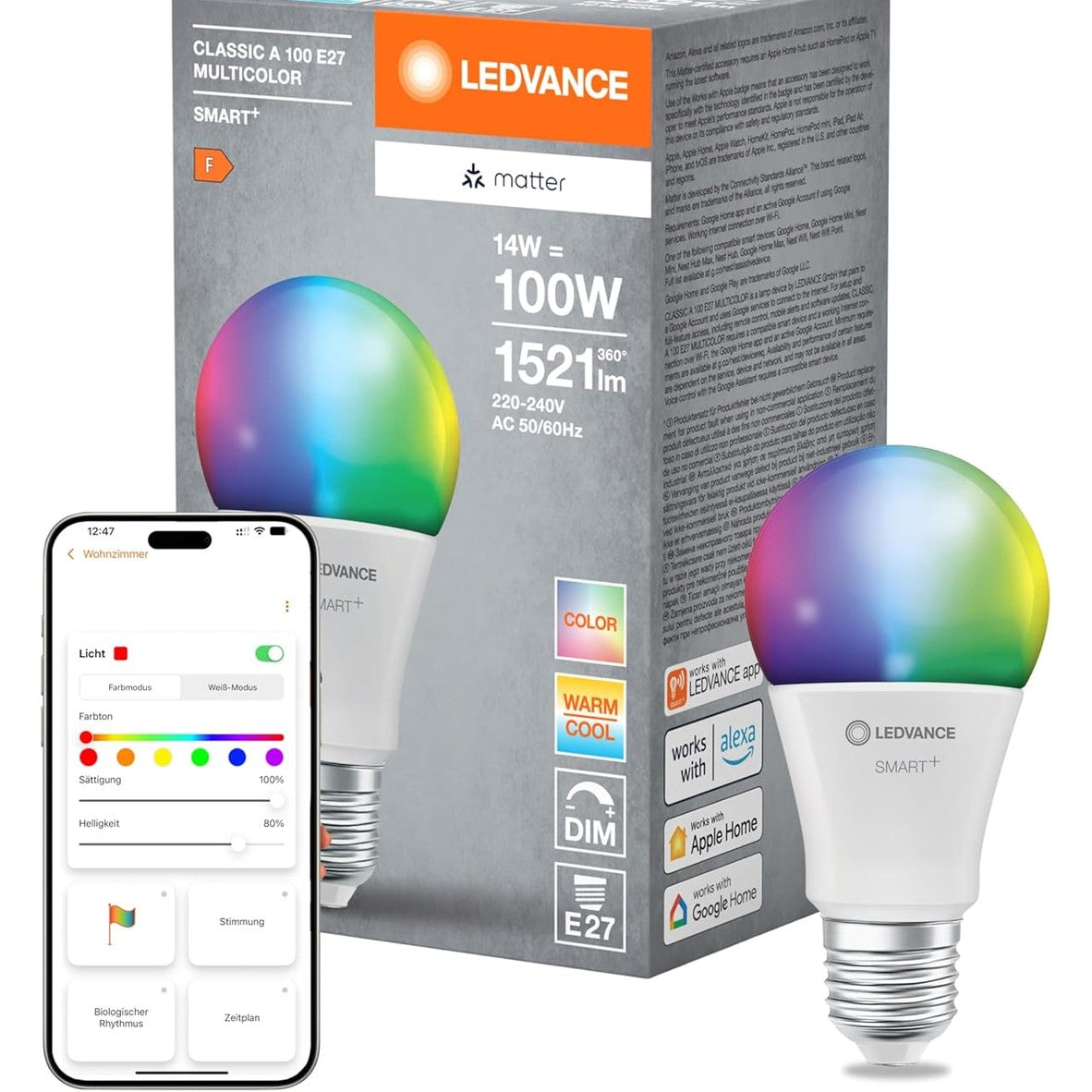201509 - LEDVANCE SMART+ LLAMBË LED MATTER, Ngjyrë e Bardhë e Acaruar, 14W, 1521lm, Formë Klasike E27, Dritë me Ngjyra dhe e Bardhë, Kontroll me Aplikacion ose me Zë, Jetëgjatësi 20,000 Orë, Pako e Vetme