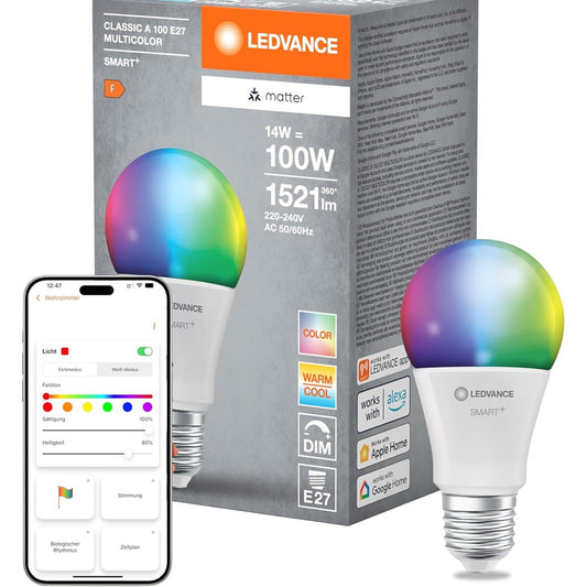 201509 - LEDVANCE SMART+ LLAMBË LED MATTER, Ngjyrë e Bardhë e Acaruar, 14W, 1521lm, Formë Klasike E27, Dritë me Ngjyra dhe e Bardhë, Kontroll me Aplikacion ose me Zë, Jetëgjatësi 20,000 Orë, Pako e Vetme
