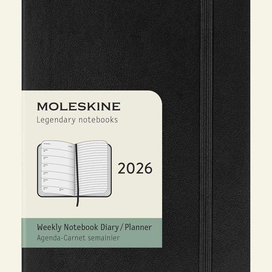 274001 - MOLESKINE Planifikues Javor, Axhendë Javore 2026 (12 muaj) me hapësirë për shënime, kapak të butë dhe mbyllje elastike, madhësi xhepi 9x14 cm, e zezë