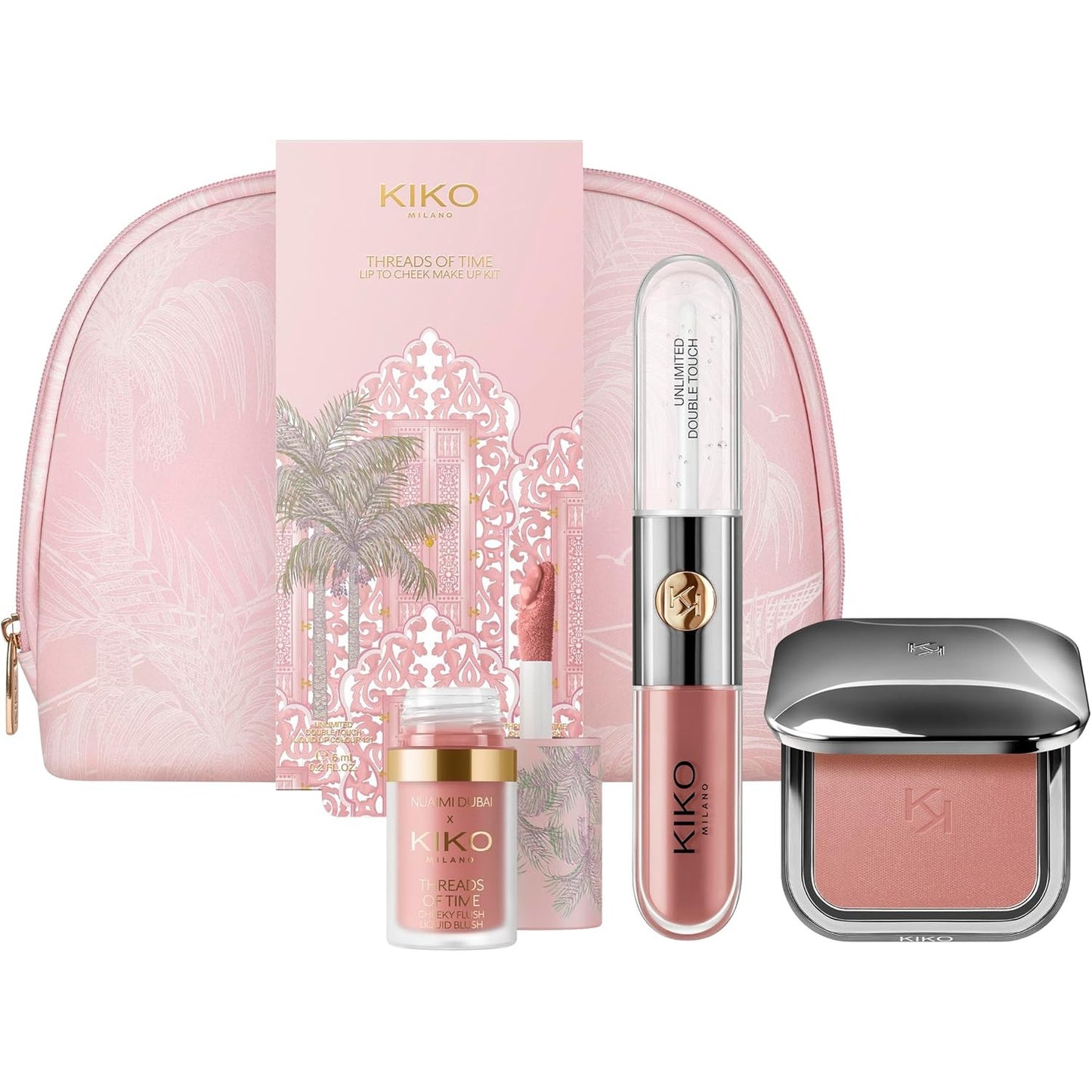 289812 - KIKO MILANO Kit grimi Threads Of Time Lip To Cheek, set dhuratë me buzëkuq dhe shkëlqyes buzësh 2 në 1, skuqës i lëngshëm dhe pudre