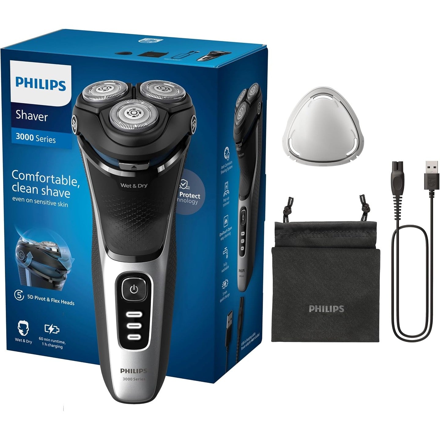 320973 - PHILIPS Makinë rroje elektrike Series 3000, për meshkuj, për pastrim të lagësht dhe të thatë, ngjyrë e zezë, teknologji SkinProtect, prerës mjekre që hapet, çantë udhëtimi, pa tel (Modeli S3241/12)