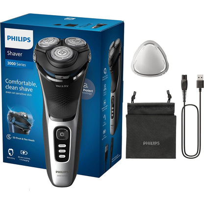 320973 - PHILIPS Makinë rroje elektrike Series 3000, për meshkuj, për pastrim të lagësht dhe të thatë, ngjyrë e zezë, teknologji SkinProtect, prerës mjekre që hapet, çantë udhëtimi, pa tel (Modeli S3241/12)