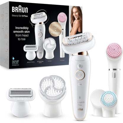 301546 - BRAUN Set bukurie depilatori Silk-épil 9, Flex 9-100, me kokë fleksibile për heqjen e qimeve, i bardhë/i artë