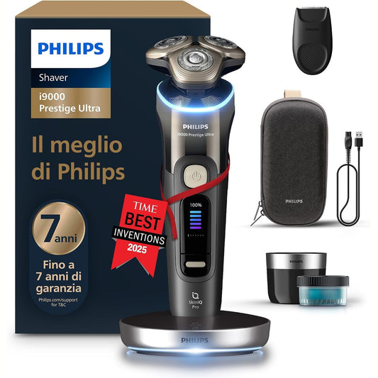 274824 - PHILIPS Makinë rroje elektrike i9000 Prestige Ultra për burra, rroje e lagësht dhe e thatë, e zezë, sensor presioni dhe lëvizjeje, aksesor për shkurtim flokësh, stacion pastrimi, stacion karikimi, çantë udhëtimi (XP9405/31)