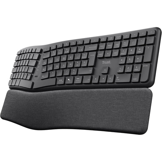126377 - TRUST Tastierë Ergonomike Pa Tel Arvia Silent AZERTY Francais, 2.4GHz dhe Bluetooth, me Mbështetëse Tastierash për PC, Laptop, Mac, Materiali i Zi