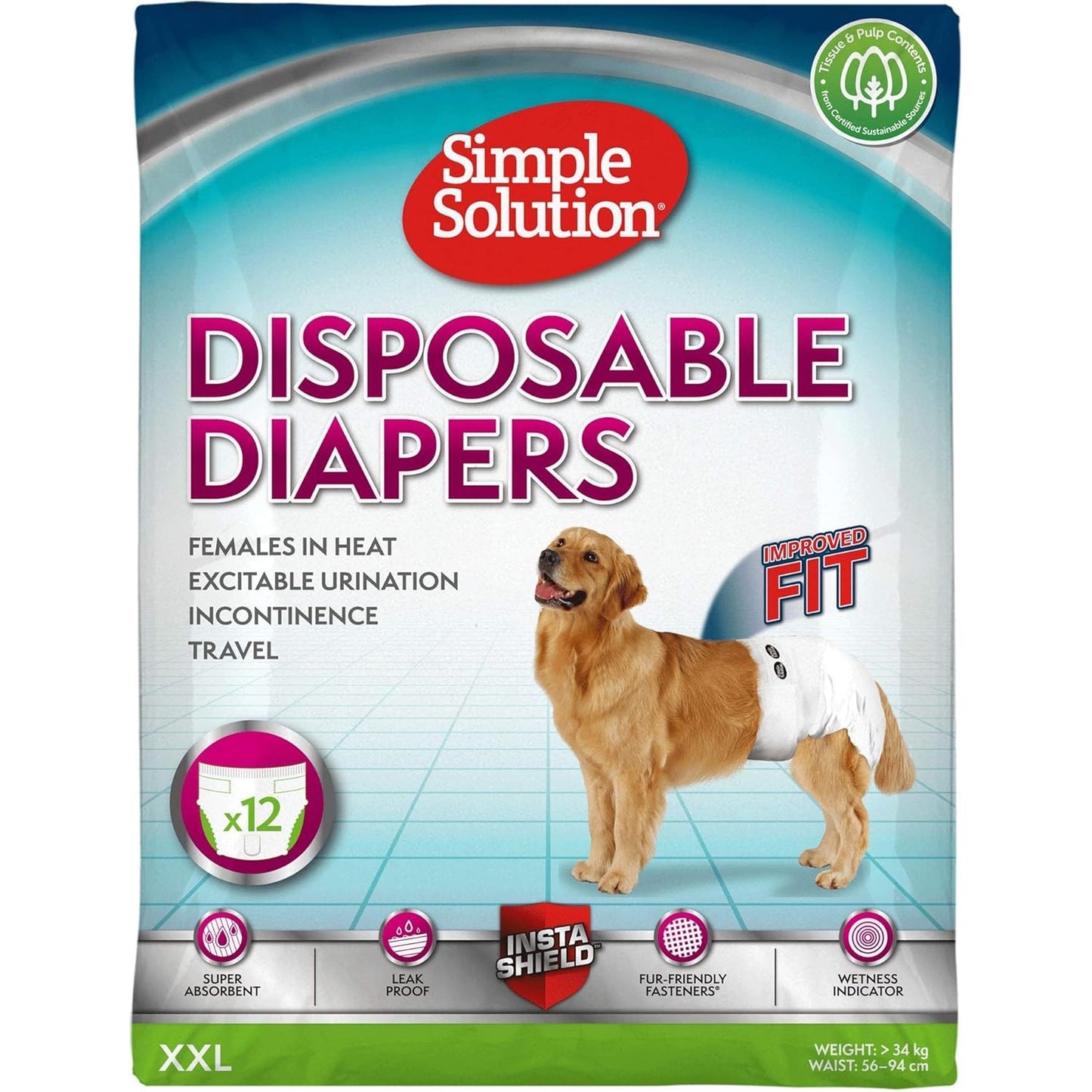 219210 - SIMPLE SOLUTION Pelena të disponueshme për qen femra, Super Thithëse dhe të Papërshkueshme nga Rrjedhjet, Tregues Lagështie, 12 Pelena