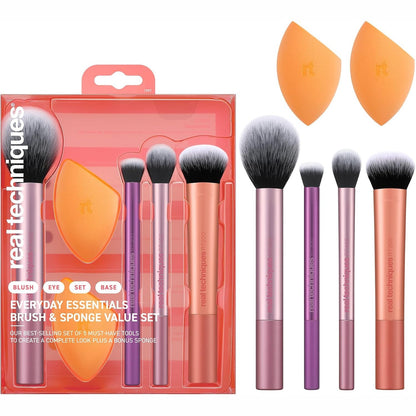 300723 - REAL TECHNIQUES | Everyday Essentials + Set Sfungjeri Grimi, 4 Furça Grimi dhe 2 Sfungjerë Blender, për Fondatinë, Skuqës, Bronzues, Hije Sysh dhe Pudër, Qime Sintetike, Set me 6 Pjesë