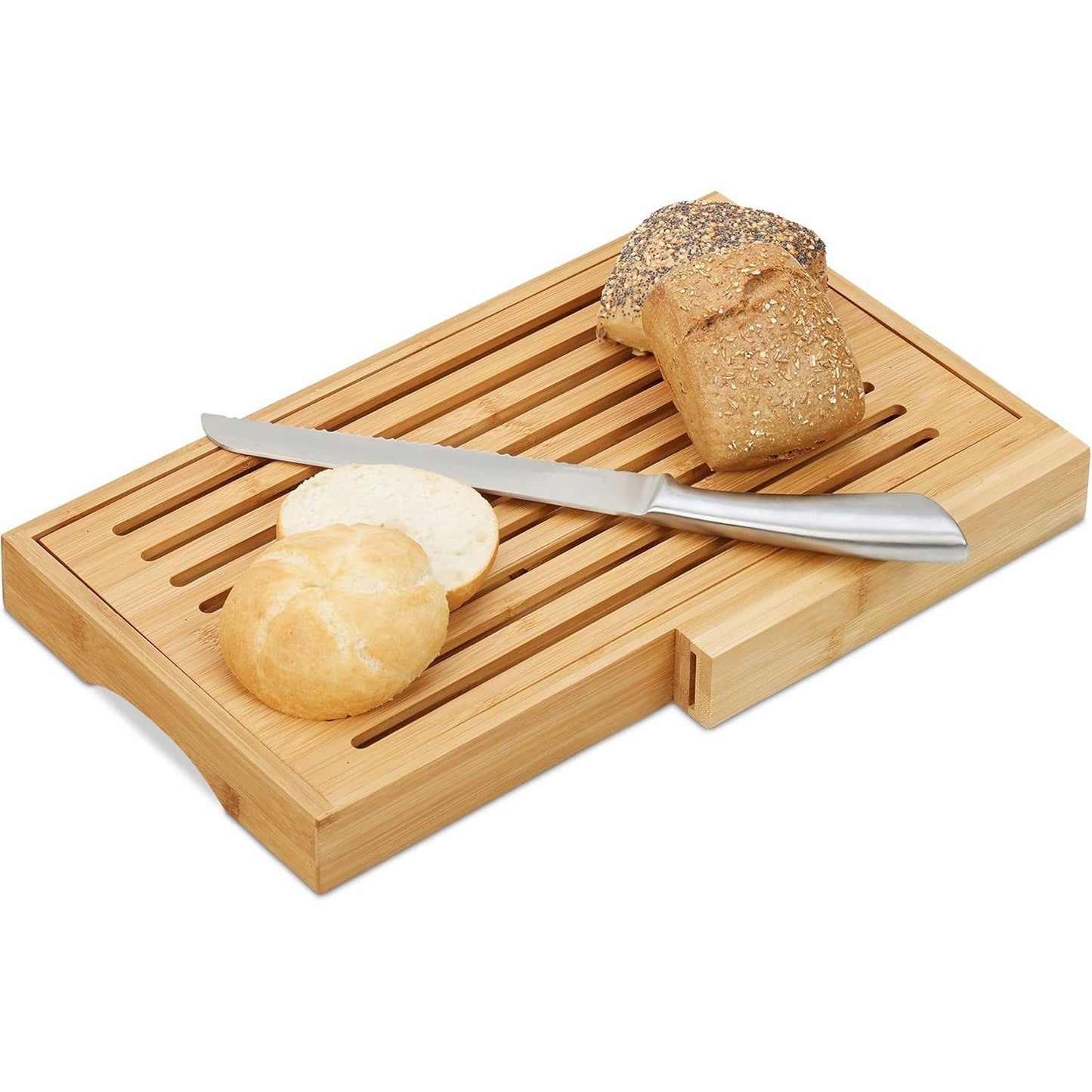 222837 - Relaxdays Dërrasë prerëse buke, bambu, me thikë çeliku inox, tabaka për thërrime, ngjyrë druri/argjend, kafe e çelët