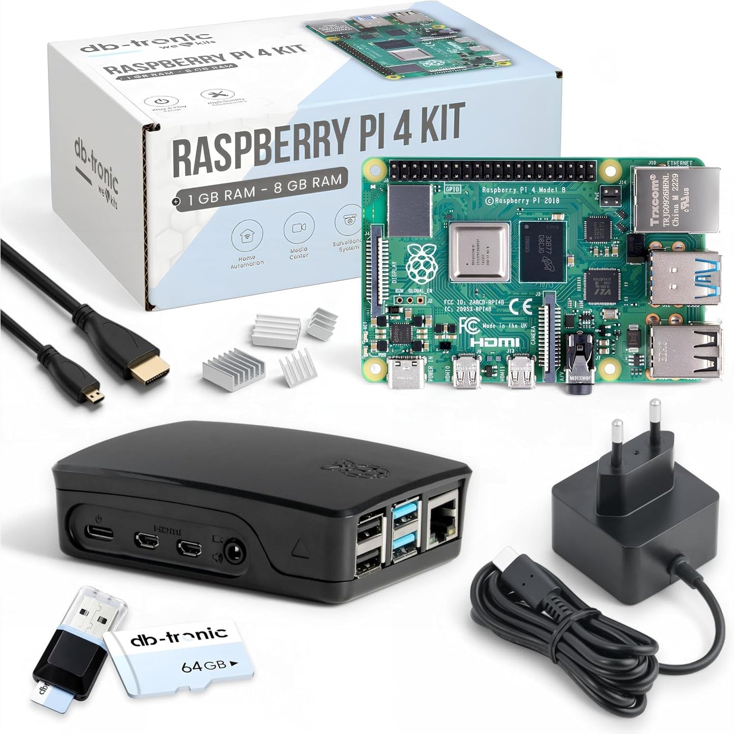276209 - DB-TRONIC Set Fillestar Raspberry Pi 4 1GB, 64GB, 15W, Kuti e Zezë, Set Radiatori, Kabllo Micro HDMI 4K