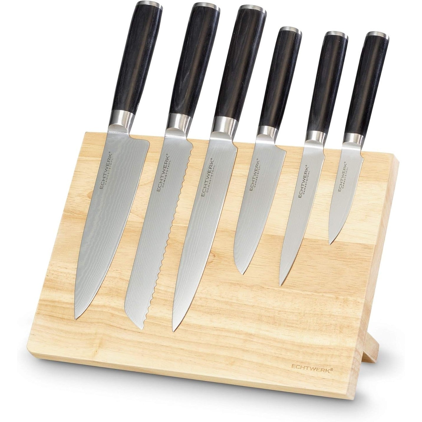 221058 - ECHTWERK Set thikash Damasku, 7 pjesë, thikë shefi, thikë buke, thikë filetoje, thikë Santoku, thikë shërbimi, thikë qërimi, doreza druri Pakka, përfshin bllok thikash magnetike prej druri
