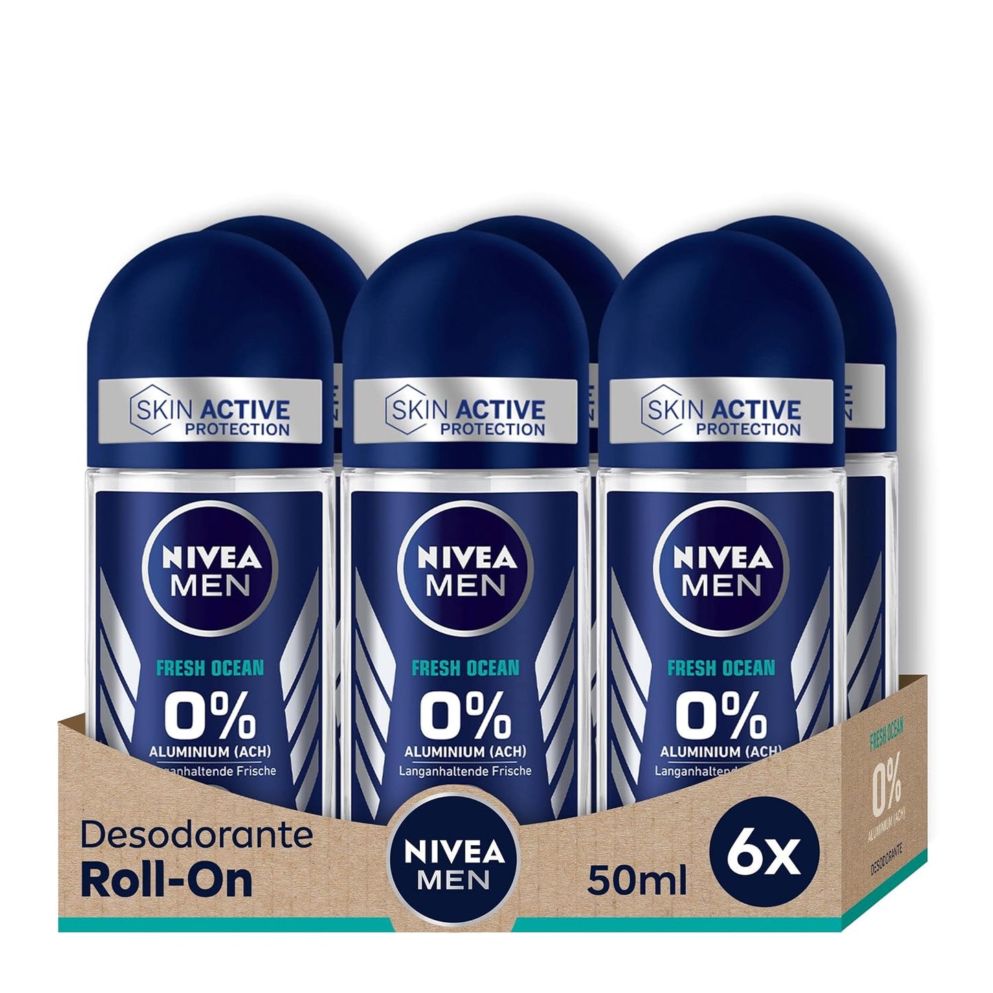 289960 - NIVEA MEN Deodorant Antidjersës Roll-On Fresh Ocean për Burra, Mbrojtje 48-orëshe, Pa Aluminum, Pako me 6 x 50ml