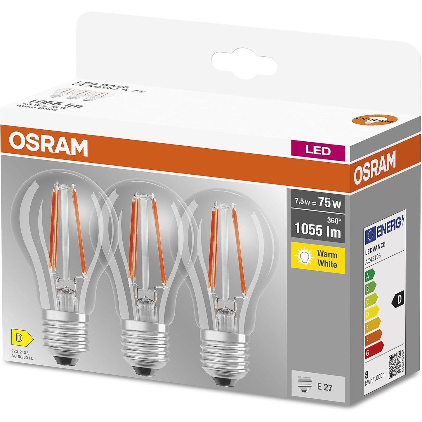 216573 - OSRAM Llambë LED, Prizë E27, Ngrohje 2700 K, 7.50 W, Pako me 3 pjesë
