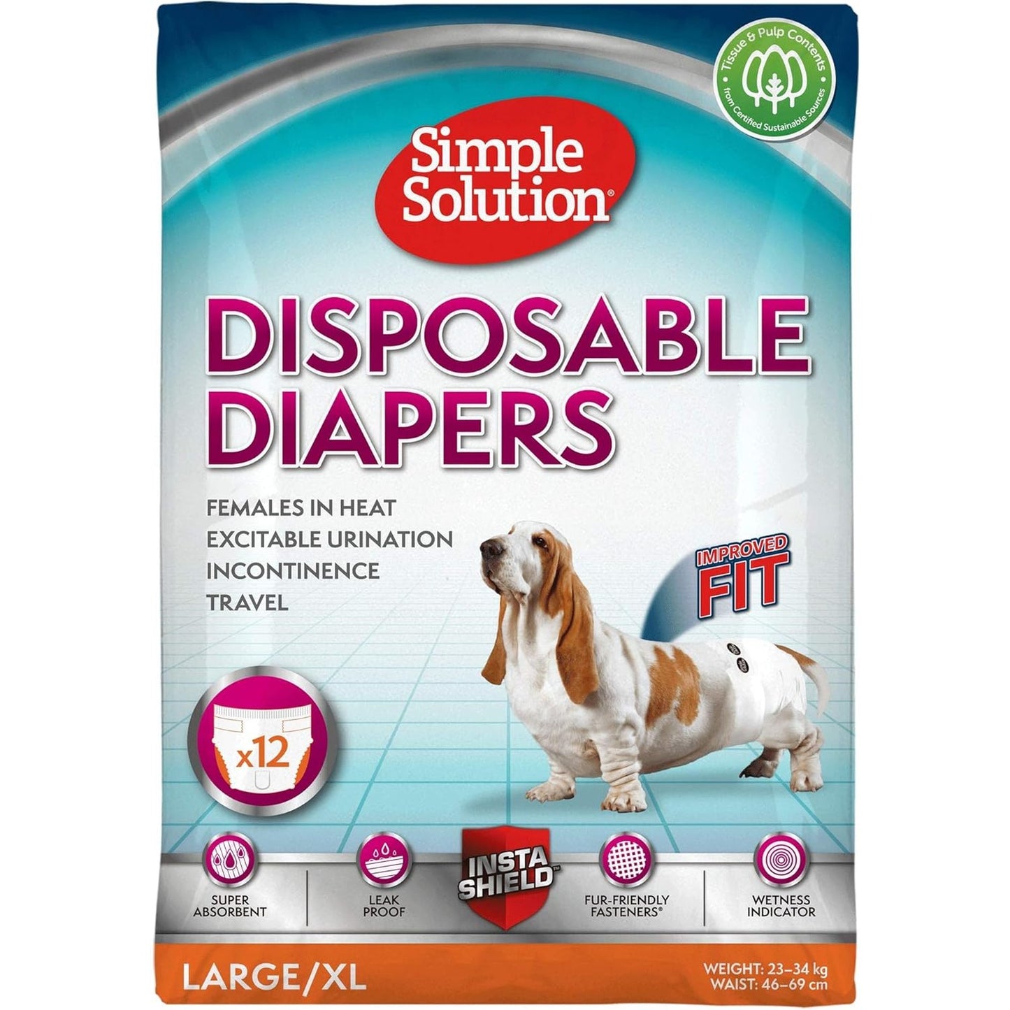 197409 - SIMPLE SOLUTION Pelenat Të Disponueshme për Qen Femra, Super Thithëse dhe Të Papërshkueshme nga Rrjedhjet, me Tregues Lagështie, Pako me 12 Copë