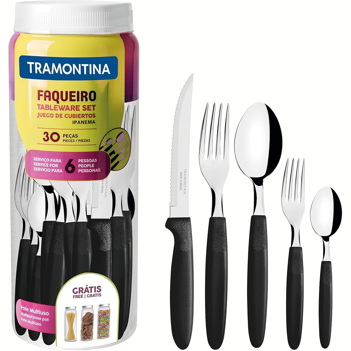 162612 - TRAMONTINA IPANEMA - Set Takëmesh 30 Pjesë me Tija Çeliku Inox dhe Doreza të Zeza Polipropileni