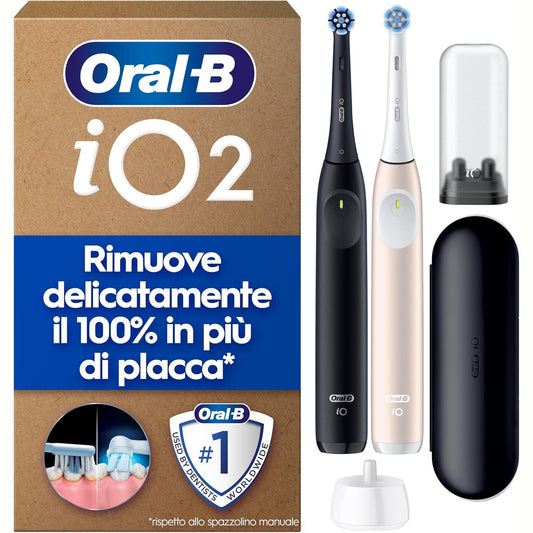 274888 - ORAL-B Furçë dhëmbësh elektrike iO Seria 2, pako dyshe, 2 koka furçe, e zezë/rozë, përfshin çantën e udhëtimit, 3 mënyra pastrimi