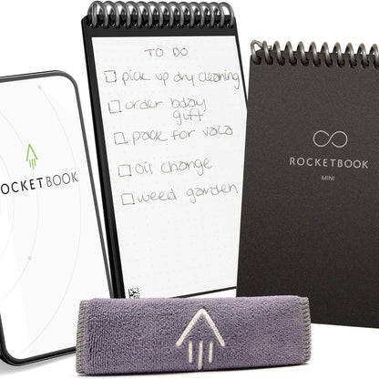 299667 - Rocketbook Notepad inteligjent i ripërdorshëm Mini, 8.9 x 14 cm, e zezë, 48 faqe me pika, e lidhur me aplikacionin, e fshishme
