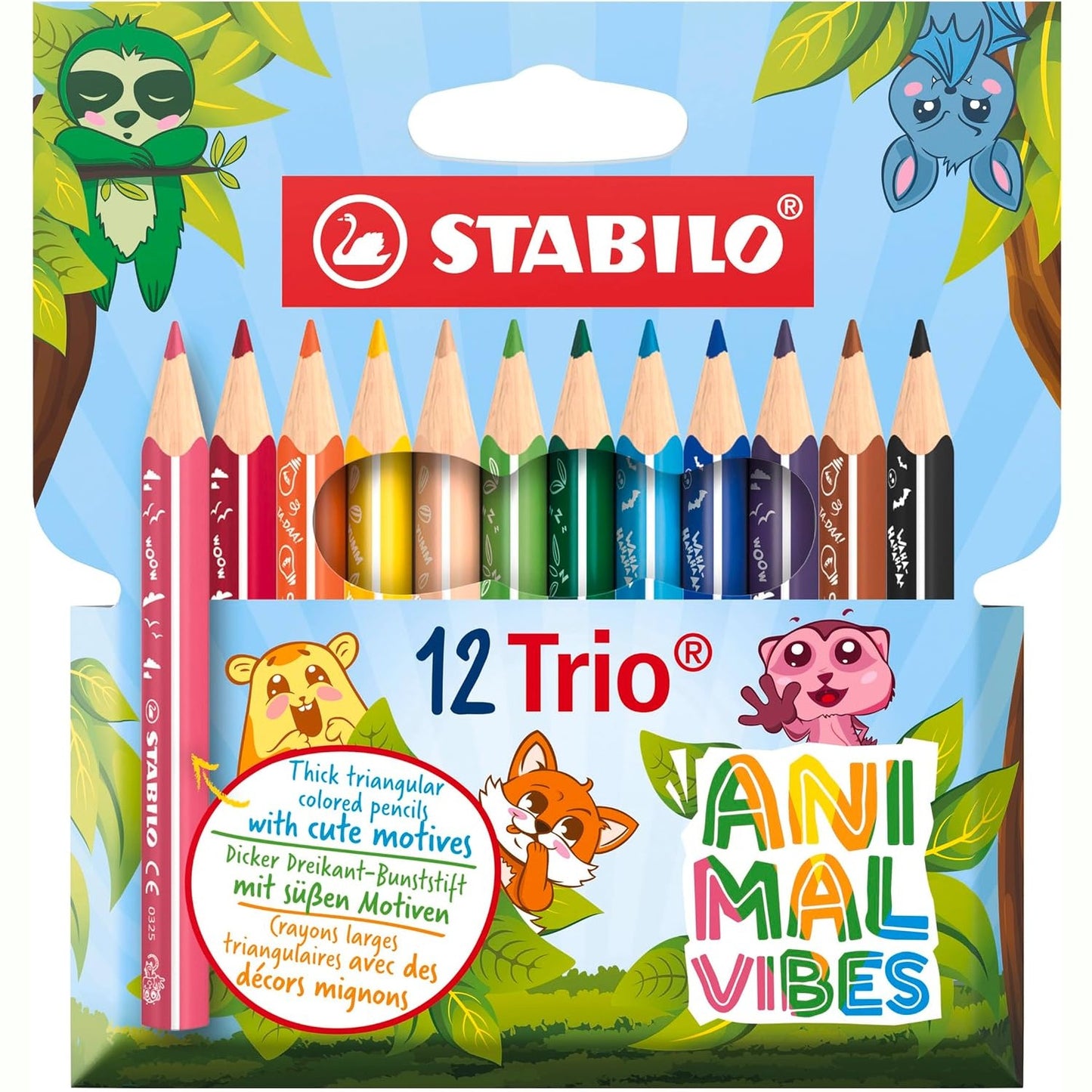 269597 - STABILO - Laps me Ngjyra Trekëndëshe - Trio Thick Short Animal Vibes - Pako me 12 - 12 Ngjyra