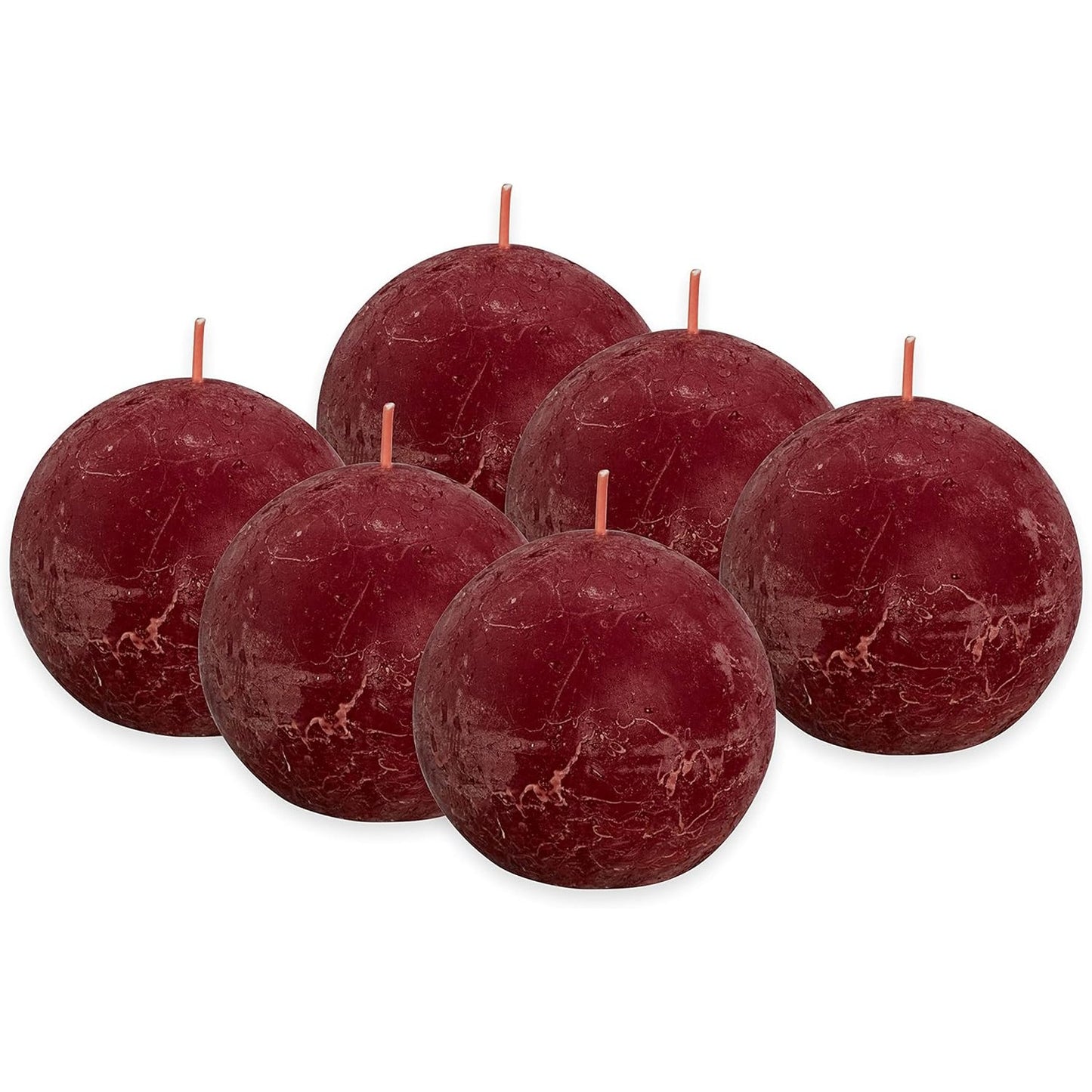 184480 - BOLSIUS - Set prej 6 Qirinj Sferikë Rustik, Bordeaux, Kohëzgjatje Djegieje 25 Orë, Pa Aromë, me Dyllë Natyrale, Pa Vaj Palme, Diametri 7.6 cm
