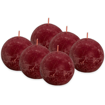 184480 - BOLSIUS - Set prej 6 Qirinj Sferikë Rustik, Bordeaux, Kohëzgjatje Djegieje 25 Orë, Pa Aromë, me Dyllë Natyrale, Pa Vaj Palme, Diametri 7.6 cm