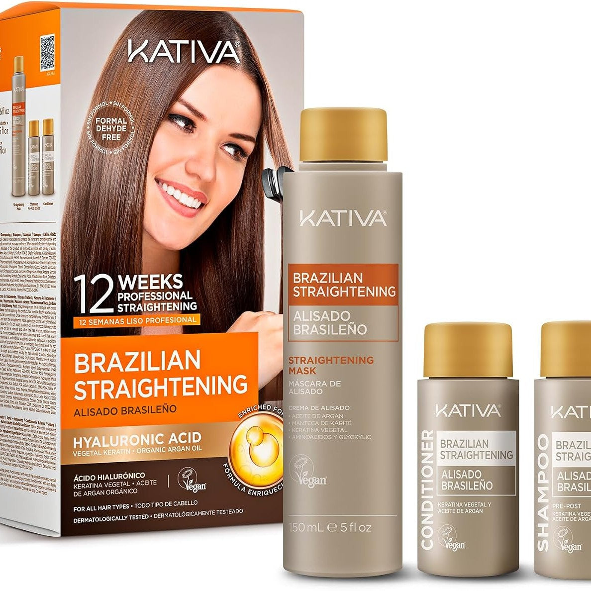 321754 - KATIVA Kit Brazilian për Zbutjen - Formulë me acid hialuronik, zbutje me keratinë, vegane, 12 javë