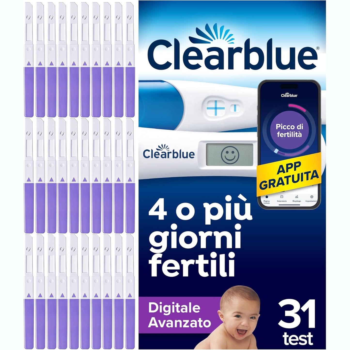 315706 - CLEARBLUE 30 Teste të Avancuara Dixhitale të Ovulacionit dhe 1 Test Shtatzënie, Zbulim i Shpejtë, Aplikacion për Gjurmimin e Ciklit