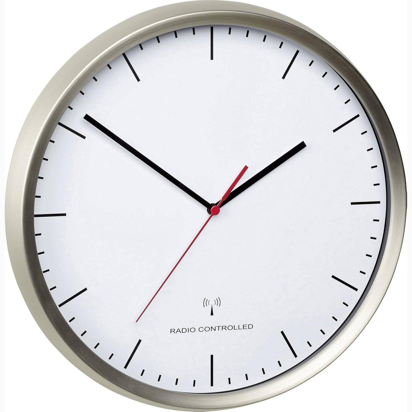 255567 - TFA DOSTMANN Orë muri analoge me radio, 60.3521.02, Kornizë çeliku inox, Mekanizëm i heshtur, Gjatësi 305 x Gjerësi 48 x Lartësi 305 mm