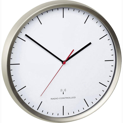 255567 - TFA DOSTMANN Orë muri analoge me radio, 60.3521.02, Kornizë çeliku inox, Mekanizëm i heshtur, Gjatësi 305 x Gjerësi 48 x Lartësi 305 mm