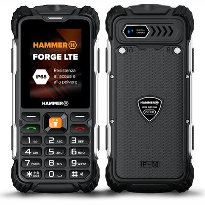 319560 - HAMMER Telefon celular H Forge LTE për përdorim në natyrë (i zhbllokuar), bateri 3000mAh, 32GB, ekran 2.4" IPS, butona të mëdhenj, dritë dore, kamerë 2MP, radio FM, USB-C, dy karta SIM, IP68/MIL-STD-810H, i zi