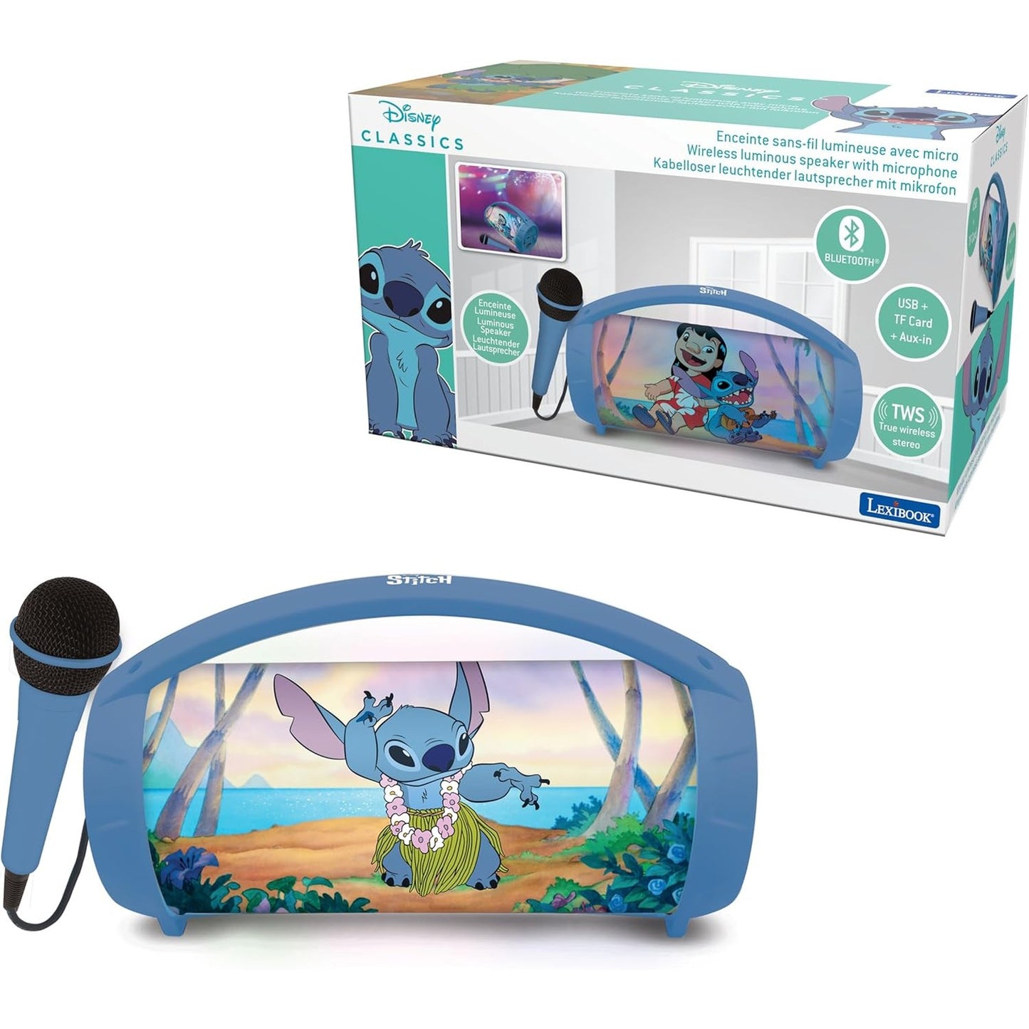 292560 - Lexibook Disney Stitch Altoparlant pa Tel, ndriçim, mikrofon, Tingull stereo, Funksion karaoke, Porta USB dhe Karte SD, Bateri e rikarikueshme, Dorezë mbajtëse, Blu, BTP585DZ