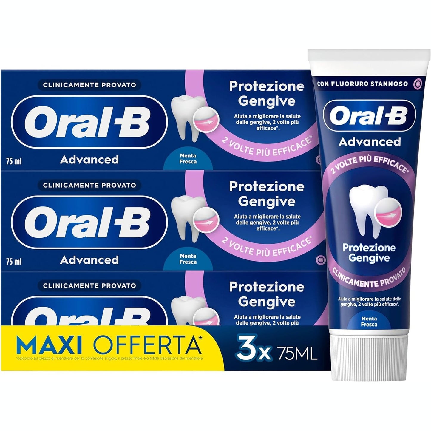 272090 - ORAL-B Pastë dhëmbësh Advanced Gum Protection 3x75ml, klinikisht e provuar për mishrat e inflamuar, pastrim efektiv i dhëmbëve, shije menteje