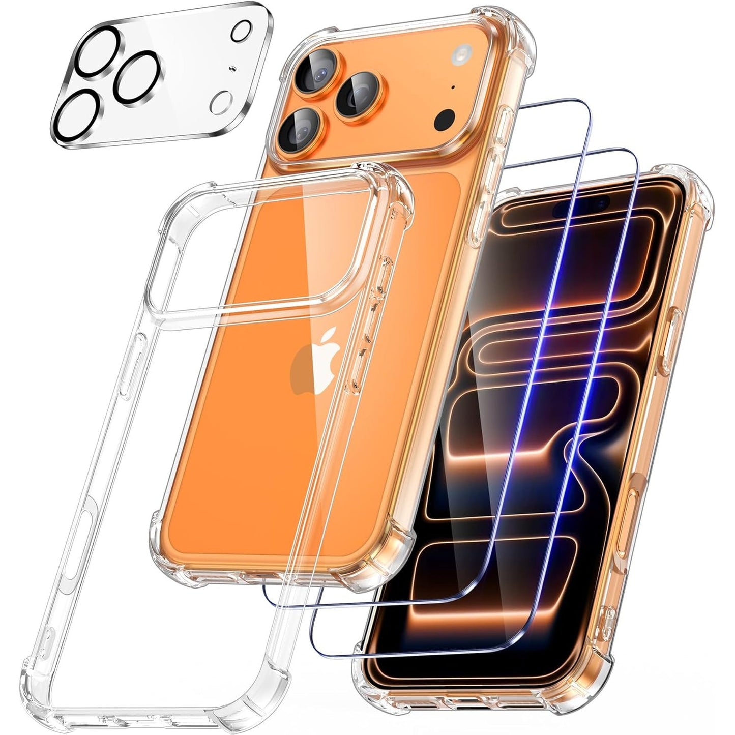 190458 - FLLAO Mbulesë 4-në-1 për iPhone 17 Pro me 2 Mbrojtëse Ekrani Xhami i Temperuar, 1 Mbrojtëse Kamera Ultra HD, Integruar Jastik Ajri, iPhone 17 Pro 6.3, Transparente, Rezistente ndaj Gërvishtjeve