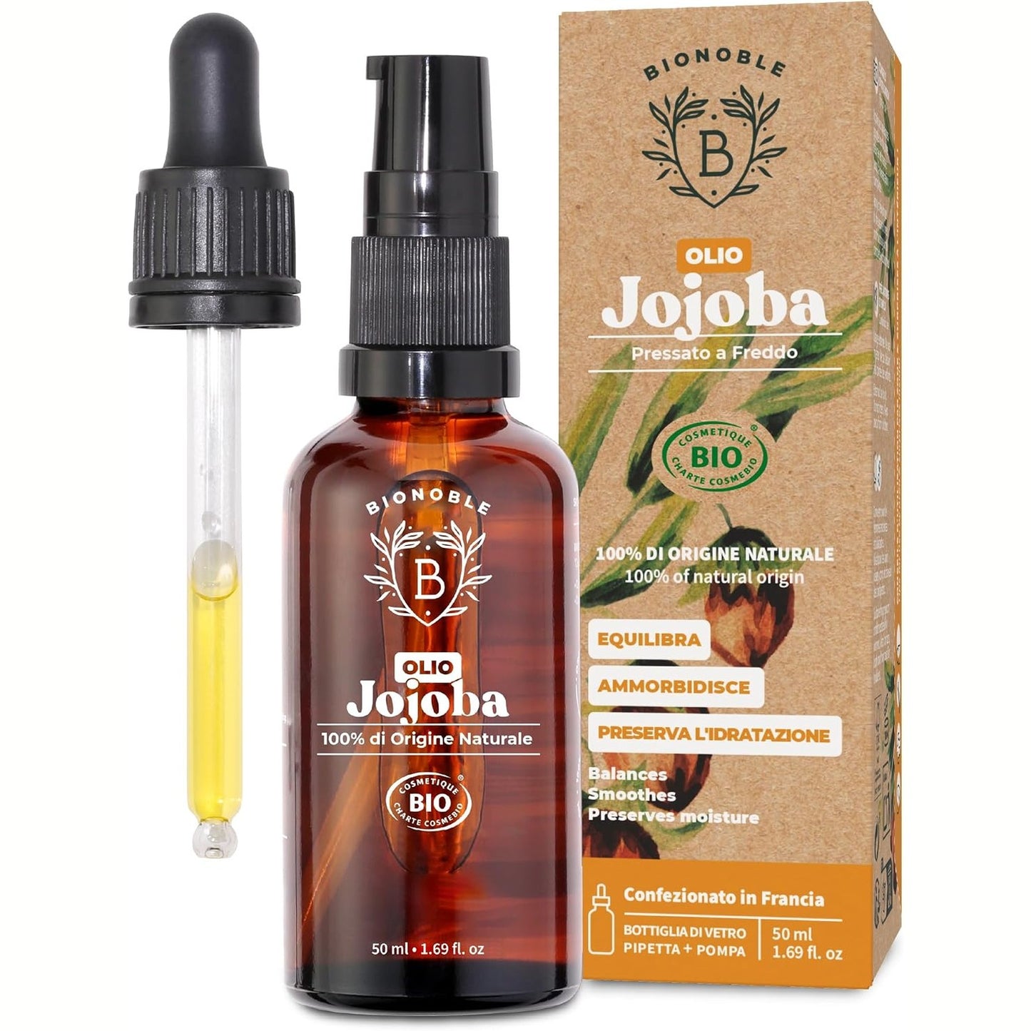 318267 - BIONOBLE Vaj Jojoba i Presuar në të Ftohtë 100% i Pastër, 50 ml, rregullon sebumin, ushqen butësisht, kundër njollave, pa heksan, vegan, shishe qelqi me pipetë dhe pompë