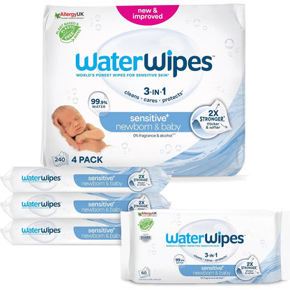317683 - WATERWIPES Peceta Sensitive+ për të porsalindur dhe bebe, 240 peceta (4 pako)