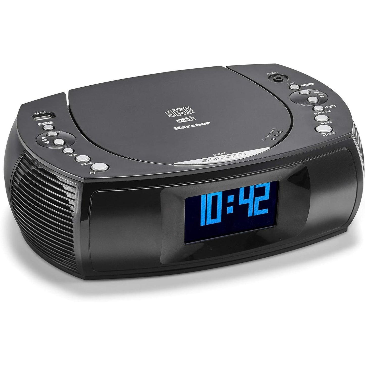267934 - KARCHER UR 1309D - Orë alarmi dixhitale me radio dhe MP3/CD player dhe radio DAB+, orë alarmi me dy orare alarmi të rregullueshme, ekran i zbehtë, orë radio, funksion karikimi USB, radio e zezë me orë alarmi